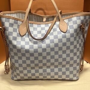 Louis Vuitton MM Authentic Damier Azur Shoulder Bag with Natural Vachetta Trim